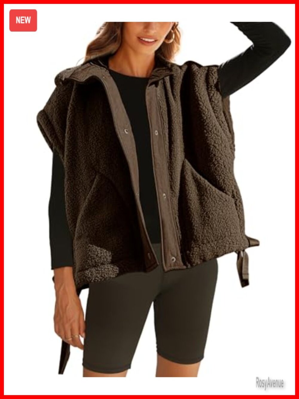 Fuzzy Fleece Vest Sleeveless Sherpa Button Closure Drawstring Hem Oversized